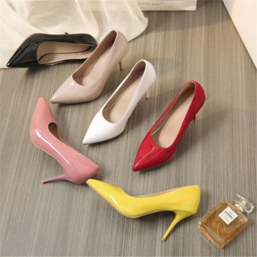 Ochanmeb Sexy 8cm Stiletto Heels Women Basic Pumps Shiny Patent Leather Black Pink Red Yellow White Nude Shoes Office Ladies 48