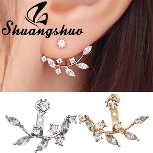 Shuangshuo Bohemian Style Crystal Leaf Ear-Jackets Double Sided Stud Earrings Elegant Jewelry for Women Best Friendship Gift