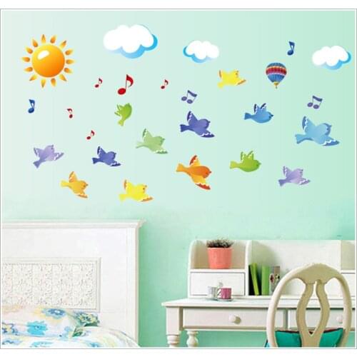 Sky Birds Sun Balloon Cloud cartoon Wall Sticker for Bedroom kid sroom living room Home Decor vinyl Kindergarten poster AY7265