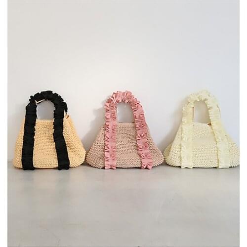 2021 New Japanese Sweet Romantic Ribbon Ruched Lace Frills Hand-made Straw Plaited Bag Beach Woven Tote Bag Custom Bucket