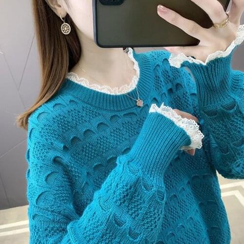 Women Sweaters Spring Autumn New Fashion Elegant knit Sweater Female Lace Splicing Hollow out Sweater Ladies Pullovers Sweater