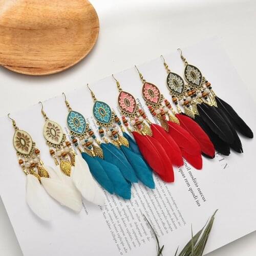 Women Colorful Leaf Artificial Feather Vintage Bohemian Fringed Drop Earrings Dangle Earrings Boho Indian Jewelry