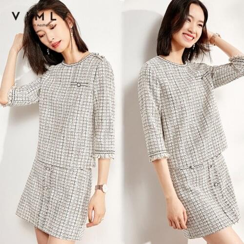 Vimly Elegant 2 Piece Set Women Vintage O neck Half Sleeve Tops High Waist Single Breasted Mini Skirt Autumn Clothes F0067