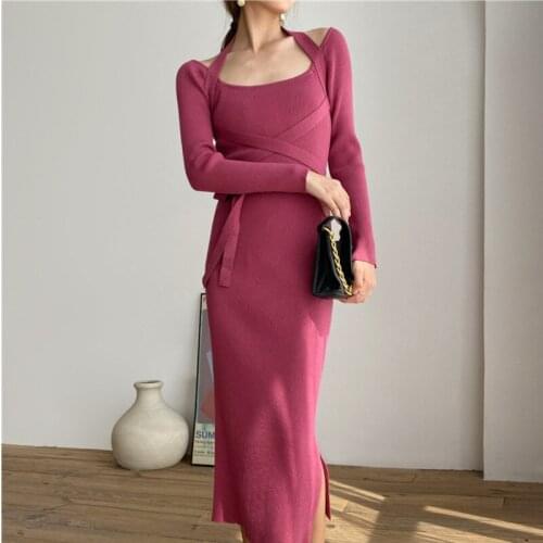 Womens Black Sexy Knitted Dress Spring Autumn 3 Color Temperament Slim Bandage Ladies Long Bodycon Dress Vintage Vestidos M506