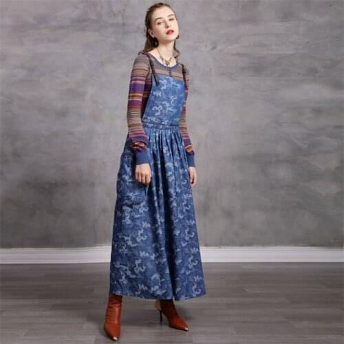 Adjustable Spaghetti Strap Dress 2020 Vintage Women Loose denim Dress Girls Vestidos A-Line Strap Dresses With Pockets Q82273