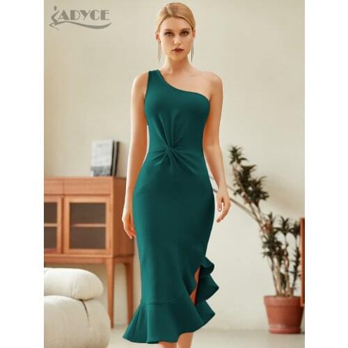Adyce New Summer Women Green One Shoulder Bandage Dress Sexy Sleeveless Trumpet Midi Bodycon Club Celebrity Runway Party Dresses