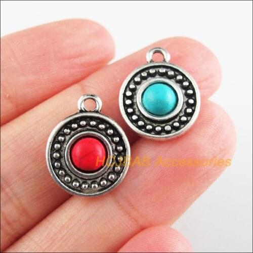 12 New Flower Charms Tibetan Silver Tone Red & Blue Stone Round Pendants 13x16.5mm