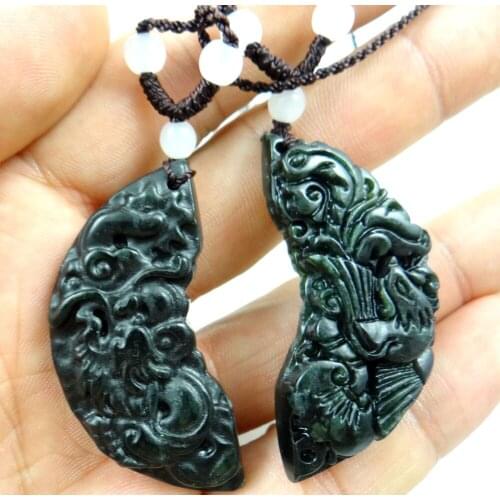 49*19MM Wholesale natural Chinese black green stone hand carved Dragon and Phoenix amulet pendant Men women necklace 1 pair
