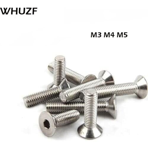 Free shipping 30/50pcs M3 M4 M5 304 stainless steel Hex Hexagon Socket Flat Countersunk Head Allen Cap Screw Bolt