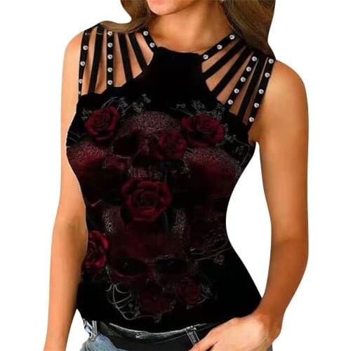 Plus Size Women Rose Print Tank Tops Sexy Hollow Out Slim Vest Black Fashion Sexy Sleeveless O-neck Stree Summer Y2K T-shirt