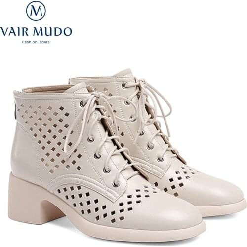 VAIR MUDO Ankle Boots Shoes Elegant White Black Lace Up Concise Genuine Leather Concise Solid Round Toe Lace Up Boots ShoeWM-X35