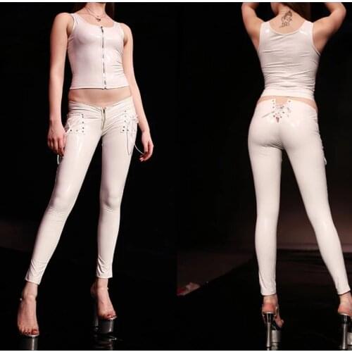 New Summer Ladies Fashion String Trousers Sexy PVC Faux Leather Lace Pencil Pants Zipper Open Front Crotch Lace Skinny Leggings