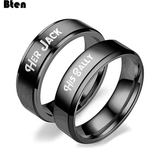 Bten Letters Black Stainless Steel Ring HER Jack His Sally Retro Rings for Women Men Couples Jelwery Gift