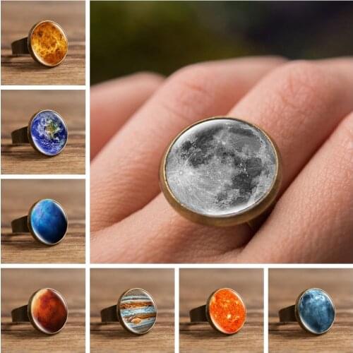 Solar System Glass Cabochon Finger Rings for Women Girls Adjustable Size Galaxy Universe Moon Star Ring Planet Handmade Jewelry