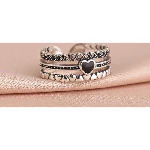 Simple Fashion Three Layer Black Love Heart Ring Adjustable Open Womens Ring Couples Jewelry Accessories Gifts