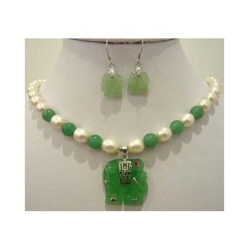 White pearl light green jade natural JADE elephant pendant necklace earring set