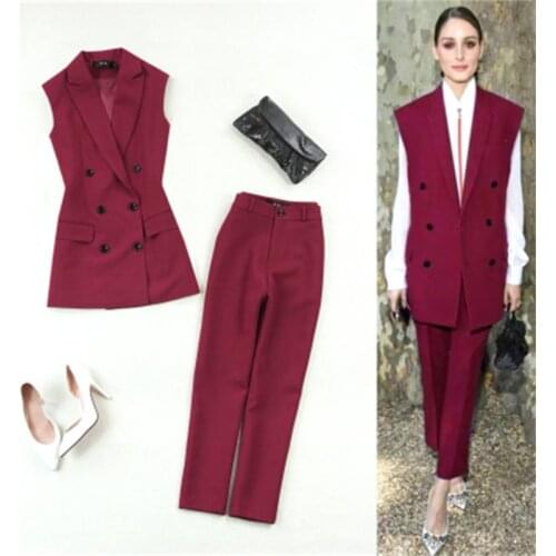 Fashion Vest suit female summer New high quality Burgundy West Collar casual sleeveless Vest + feet pants two-piece Suit women