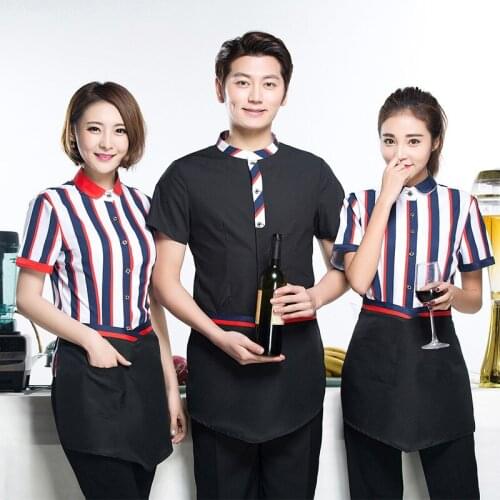 2017 Summer Bar Work Clothing Fast Food Shop Colorful Striped Shirt Uniform Tea Shop Short Sleeve Waiter Uniform+Apron Set Sales