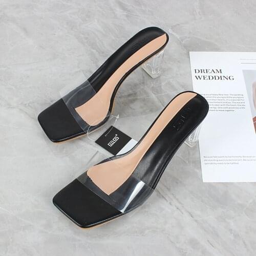 Fashion womens sandals summer 2021 rubber outsole transparent pvc slip-on open toe high heels crystal thick heel casual shoes
