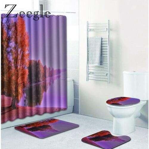 Zeegle 3d Pattern Bath Shower Curtain Set Pedestal Rug Toilet Seat Cover Bathroom Foot Rug Washable Floor Mat Modern Carpet