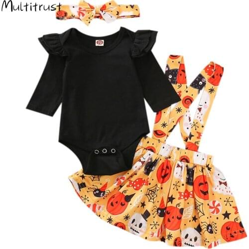 Infant Baby Girl Holiday Outfit Clothes Long Sleeve Solid Bodysuit+Cartoon Suspender Overall Skirt+Headband Set