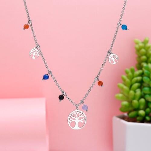 Stainless Steel Tree Of Life Pendants Necklace Women Mix Color Beads Crystal Choker Short Necklaces Trendy Jewelry Gift 2021 New