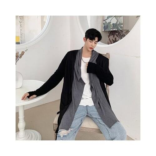 Spring new dark South Korean version of mens medium-length false two hooded windbreaker hairdresser trend men Cardigan jacket