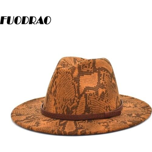 FUODRAO New Ladies Wool Fedora Hats Men Snake Print Bowler Hat Top Hats Fashion Women Outdoor Jazz Hats F154