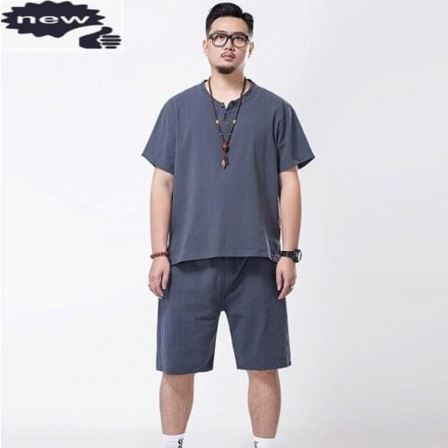 New Casual Mens Two Piece Outfits Cotton Linen O-Neck T Shirt Lace Up Shorts Summer Men Sets Plus Size 7XL Jogger Tracksuit