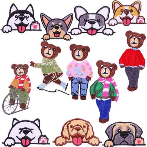 Plush Bear Cloth Sticker Embroidery Patch Stick-On Sticker For Clothes Dog Stripes Badge Cute Patches For Clothes Biker Patches