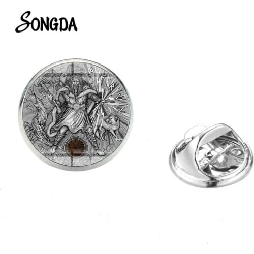 Slavic Thundermarks of Perun Lapel Pins Glass Round Stainless Steel Brooch for Men Clothes Shirt Decorative Badge Pins