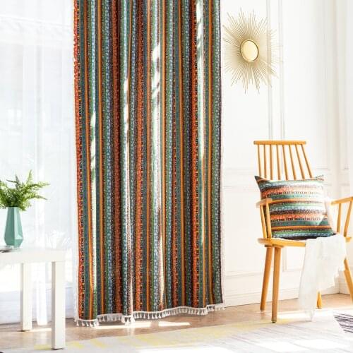 Bohemian Style Colorful Stripe Tassel Windows Curtain for Living Room Home Decor Semi-Blackout Cotton Linen Blend Farmhouse
