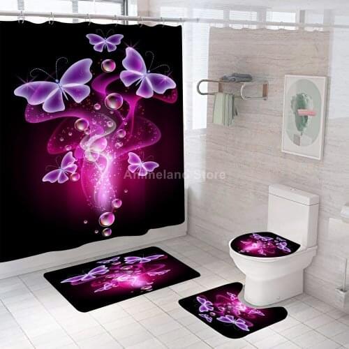 Purple Butterfly Shower Curtains Fashion Bathroom Curtain Bath Set Toilet Cover Mat Non-Slip Washroom Rug Set Modern 180x180cm