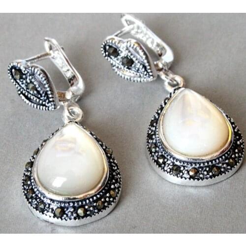 Hot Sell unique ladys 925 Silver Natural White Sea Shell Marcasite Waterdrop Earrings 11/2"