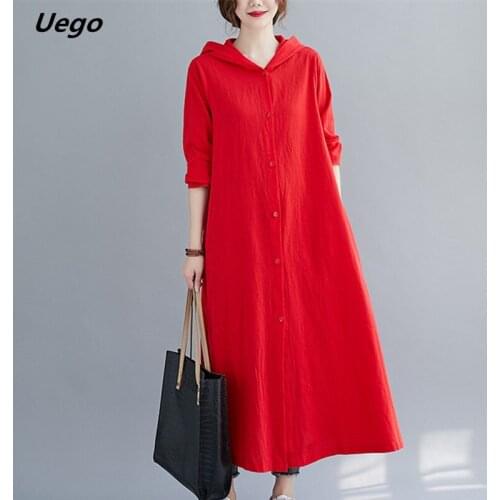 Uego Women Casual Spring Autumn Long Dress Long Blouse Dress Cotton Linen Shirt Dress Korea Design Preppy Style Chic Dress