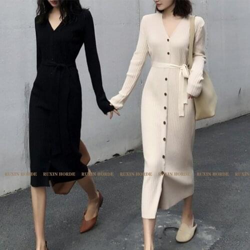 Dress Knitted Robe French Niche Single-Breasted Knitting Dresses V-Neck Sister Clothing Office Lady Vintage Sashes Fall Winter