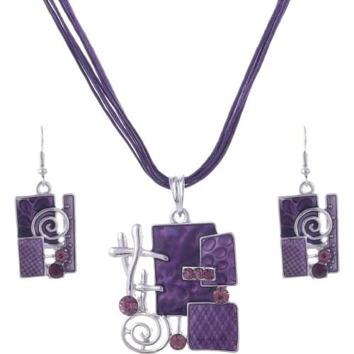 Europe Vintage Enamel Necklace Earrings Jewelry Sets Fashion Silver Plated Geomereic Dangle Earrings Jewelry Bridal Wedding Sets