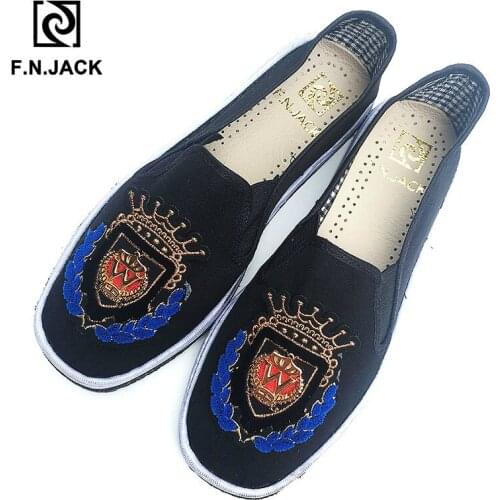 F.N.JACK Mens Shoes Classic Cutton FabricCasual Breathable Handmade Loafers Round Toe Slip ons Mens Flat Shoes