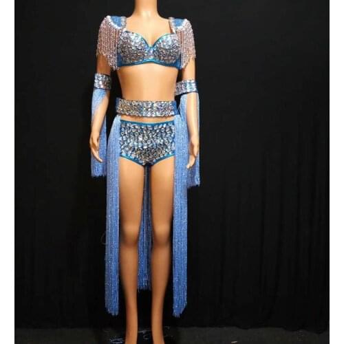 Sexy Blue Tassels Big Rhinestones Bikini Sets Pole Dance Outfits Jazz Leading Dancer Gogo Costumes Stage Performance Wear DT1543