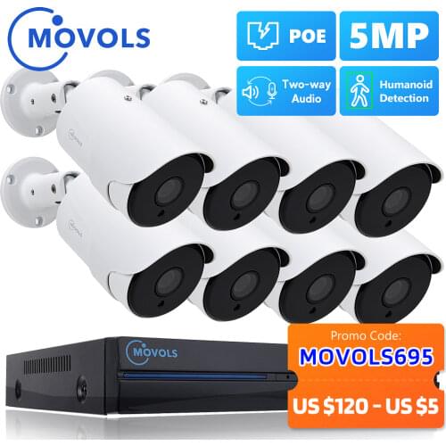 MOVOLS 8CH 5MP POE AI CCTV Camera Security System Kit Two Way Audio Outdoor 5MP IP Camera H.265 P2P Video Surveillance NVR Set
