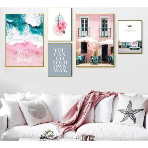 Pink Beach Blue Sea Sky Car Flower Quote Wall Art Canvas Painting Nordic Posters And Prints Wall Pictures For Living Room Decor