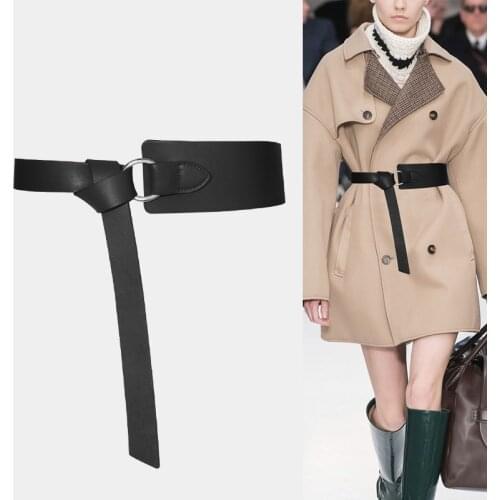 New Design Genuine Leather Belt Wide Knot Cummerbunds Silver Circle Buckle Waistbands For Women HOT Long Soft Cowskin Dress Coat