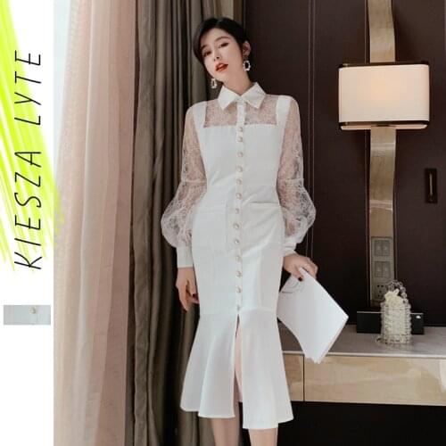 Sexy lace Dress Patchwork Lantern Sleeve Sleeves White Slit Office Lady Midi fishtail Dresses Vestidos