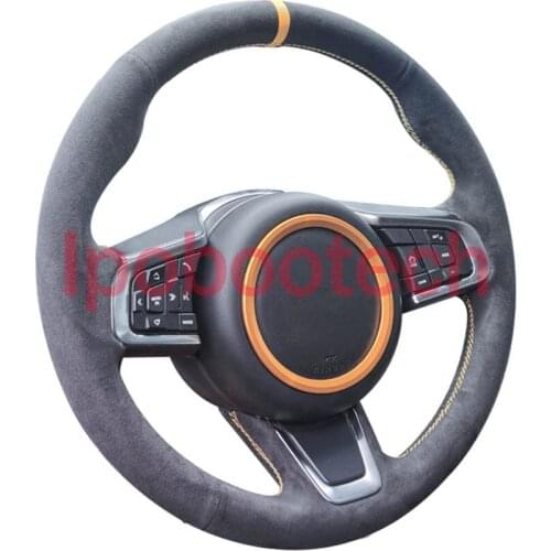 All Black Suede Leather Steering Wheel Red MarkerStitch on Wrap Cover Fit For Jaguar E-Pace 2017-2019 / F-Pace 2016-2019 / XE