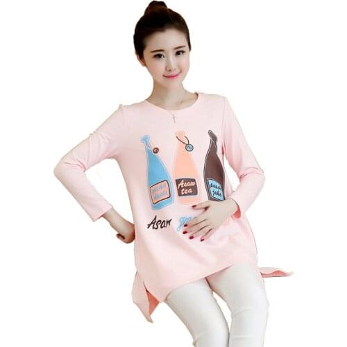 Maternity Loose Cotton Shirts Elegant Cartoon Printed Tops For Pregnant Women Long Sleeve Blouses Pregnancy Tops
