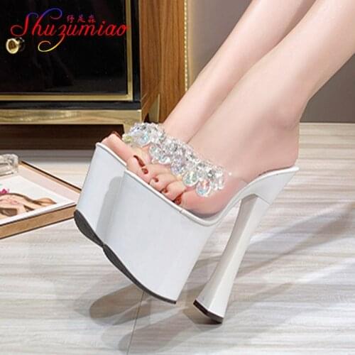 New Shoes Summer 20CM Slides On Fashion Crystal Diamond PVC Transparent Slippers Women Sexy Super High Heel Mules Dress Sandals