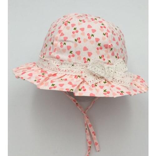 Girls Spring Summer Sun Bucket Hat Kids Cap Printing Pink Lace Bow 100%cotton Wide Brim With Strings Accessory