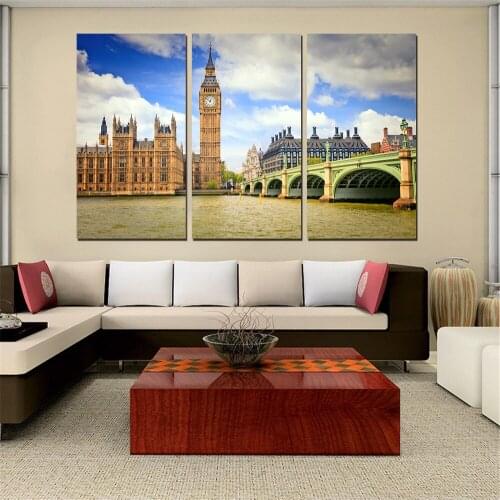 Modern Home Decor 3 Panel Wall Art London Poster Cityscape Big Ben Clock Tower Wall Pictures for Living Room Kitchen Decor