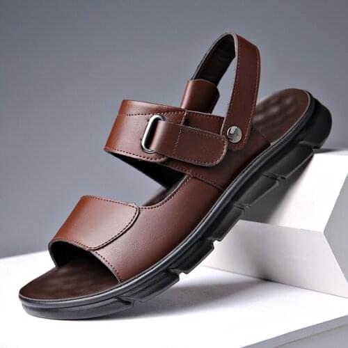 Yomior 2021 Summer Fashion Vintage Casual Shoes Non-slip Real Leather Soft Flip Flop Summer Beach Mens Sandals Black Brown