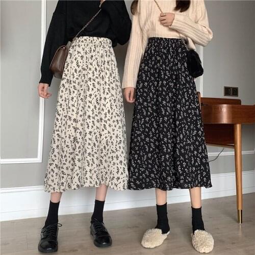 2021 New Black Floral A-line Skirt Spring Summer Mid Length Womens High Waist Long Skirt Female Elastic Waist Korean Fashion
